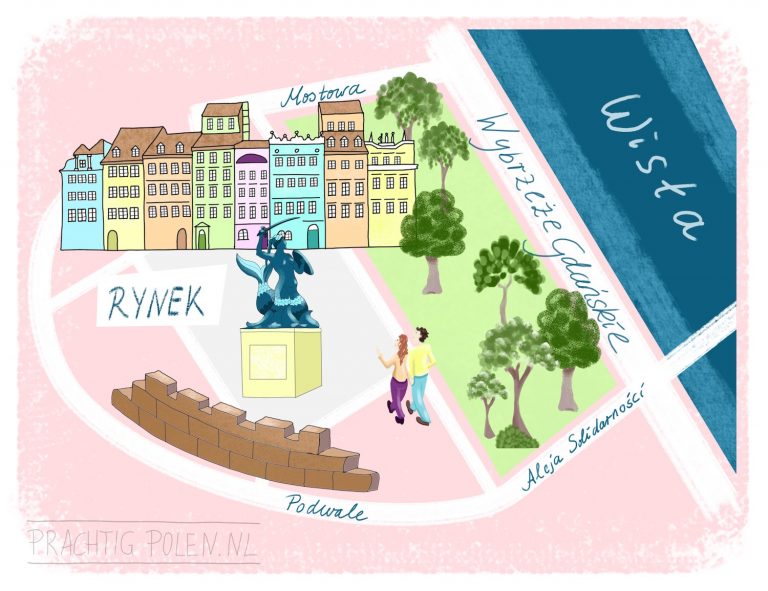 kaart van de Rynek (Grote Markt) met de zeemeermin in de Oude Stad van Warschau
